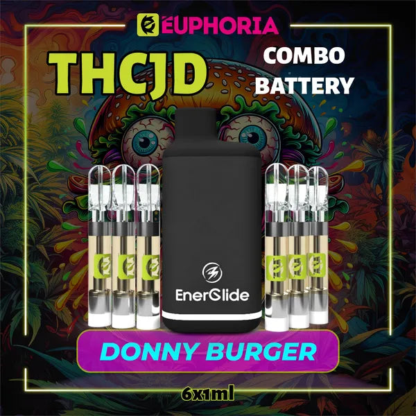 Şase THCJD Cartuș Vape + Battery de la E-Euphoria România, conținând 1ml cu 90% THCJD și miros de terpene Donny Burger, cu aroma de cedru pentru un efect calmant, fericit.