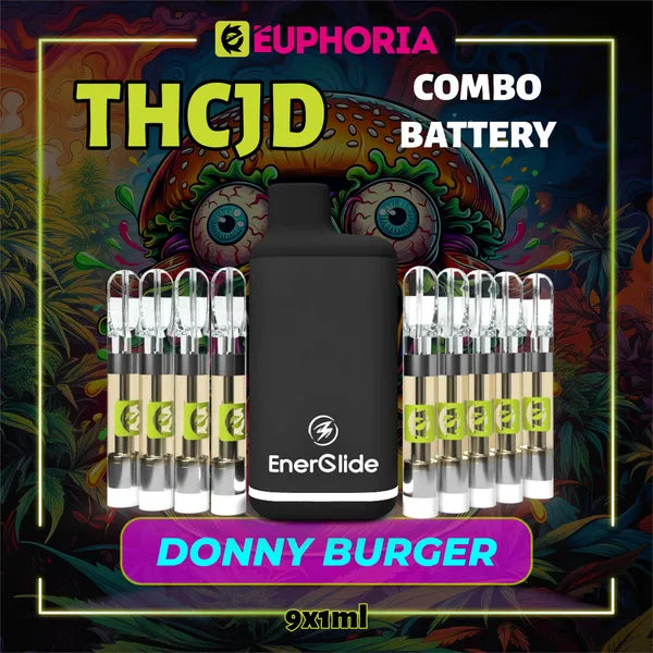 Nouă THCJD Cartuș Vape + Battery de la E-Euphoria România, conținând 1ml cu 90% THCJD și miros de terpene Donny Burger, aromă de cedru pentru un efect calmant, fericit.