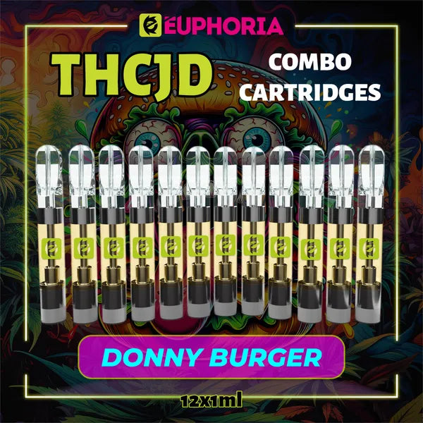 Doisprezece THCJD Cartuș Vape de la E-Euphoria România, conținând 1ml cu 90% THCJD și miros de terpene Donny Burger, aromă de cedru pentru un efect calmant, fericit.