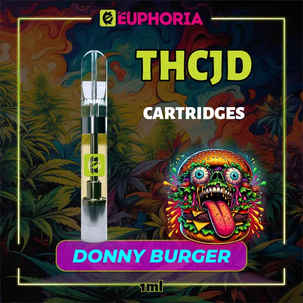 Un THCJD Cartuș Vape de la E-Euphoria România, conținând 1ml cu 90% THCJD și miros de terpene Donny Burger, aromă de cedru pentru un efect calmant, fericit.