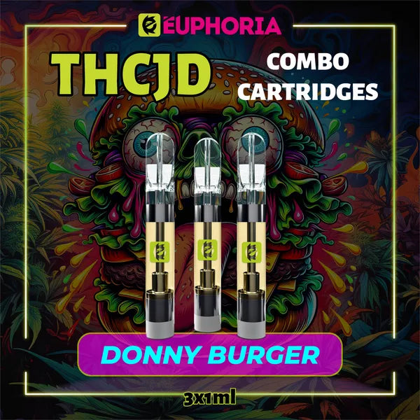 Trei THCJD Cartuș Vape de la E-Euphoria România, conținând 1ml cu 90% THCJD și miros de terpene Donny Burger, cu tonuri de cedru pentru un efect calmant, fericit.