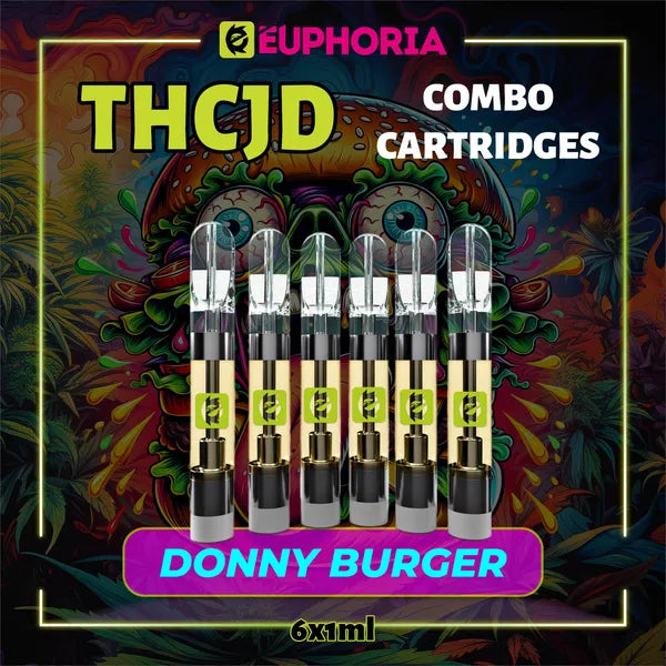 Şase THCJD Cartuș Vape de la E-Euphoria România, conținând 1ml cu 90% THCJD și miros de terpene Donny Burger, cu aromă de cedru pentru un efect calmant, fericit.