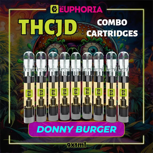 Nouă THCJD Cartuș Vape de la E-Euphoria România, conținând 1ml cu 90% THCJD și miros de terpene Donny Burger, aromă de cedru pentru un efect calmant, fericit.