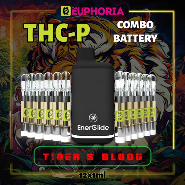 Doisprezece THC-P Cartuș Vape de la E-Euphoria România, conținând 1ml cu 5% THCP, 90% HHCO și miros de terpene Tiger's Blood, efect amuzant, râzând.