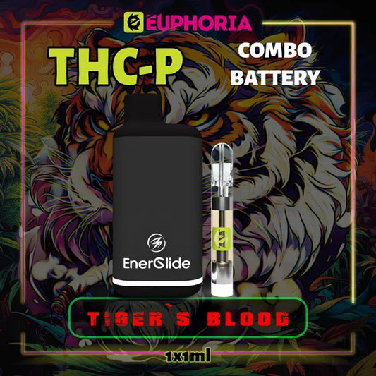 Un THC-P Cartuș Vape de la E-Euphoria România, conținând 1ml cu 5% THCP, 90% HHCO și miros de terpene Tiger's Blood, aromă de citrice pentru un efect amuzant, râzând.