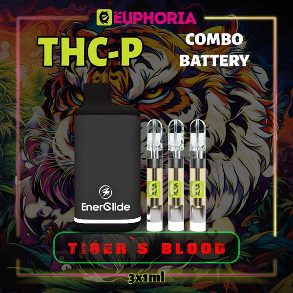 Trei THC-P Cartuș Vape de la E-Euphoria România, conținând 1ml cu 5% THCP, 90% HHCO și miros de terpene Tiger's Blood, aromă de citrice pentru un efect amuzant, râzând.