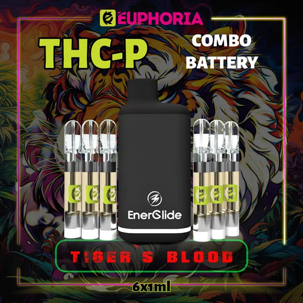 Şase THC-P Cartuș Vape de la E-Euphoria România, conținând 1ml cu 5% THCP, 90% HHCO și miros de terpene Tiger's Blood, aromă de citrice pentru un efect amuzant, râzând.