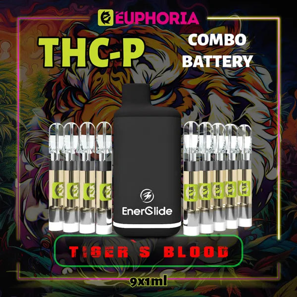 Nouă THC-P Cartuș Vape de la E-Euphoria România, conținând 1ml cu 5% THCP, 90% HHCO și miros de terpene Tiger's Blood, aromă de citrice pentru un efect amuzant, râzând.