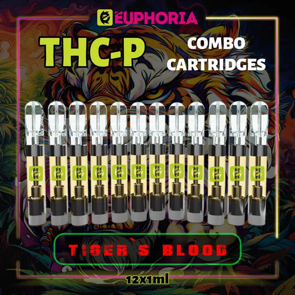 Doisprezece THC-P Cartuș Vape de la E-Euphoria România, conținând 1ml cu 5% THCP, 90% HHCO și miros de terpene Tiger's Blood, efect amuzant, râzând, aromă de citrice.