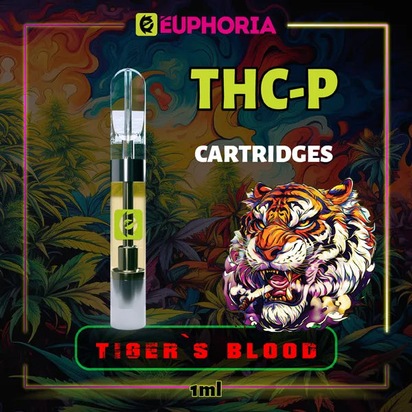 Un THC-P Cartuș Vape de la E-Euphoria România, conținând 1ml cu 5% THCP, 90% HHCO și miros de terpene Tiger's Blood, aromă de citrice pentru un efect amuzant, râzând.