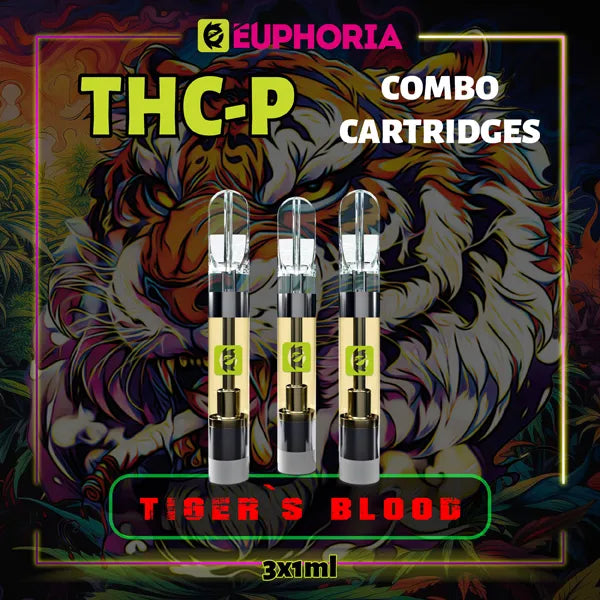 Trei THC-P Cartuș Vape de la E-Euphoria România, conținând 1ml cu 5% THCP, 90% HHCO și miros de terpene Tiger's Blood, aromă de citrice pentru un efect amuzant, râzând.