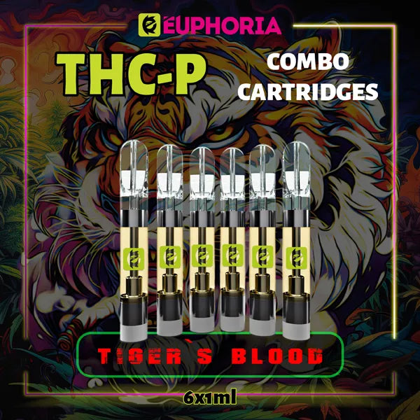 Şase THC-P Cartuș Vape de la E-Euphoria România, conținând 1ml cu 5% THCP, 90% HHCO și miros de terpene Tiger's Blood, citrice pentru un efect amuzant, râzând.