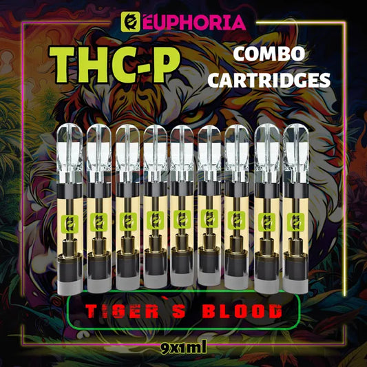 Nouă THC-P Cartuș Vape de la E-Euphoria România, conținând 1ml cu 5% THCP, 90% HHCO și miros de terpene Tiger's Blood, aromă de citrice pentru un efect amuzant, râzând.