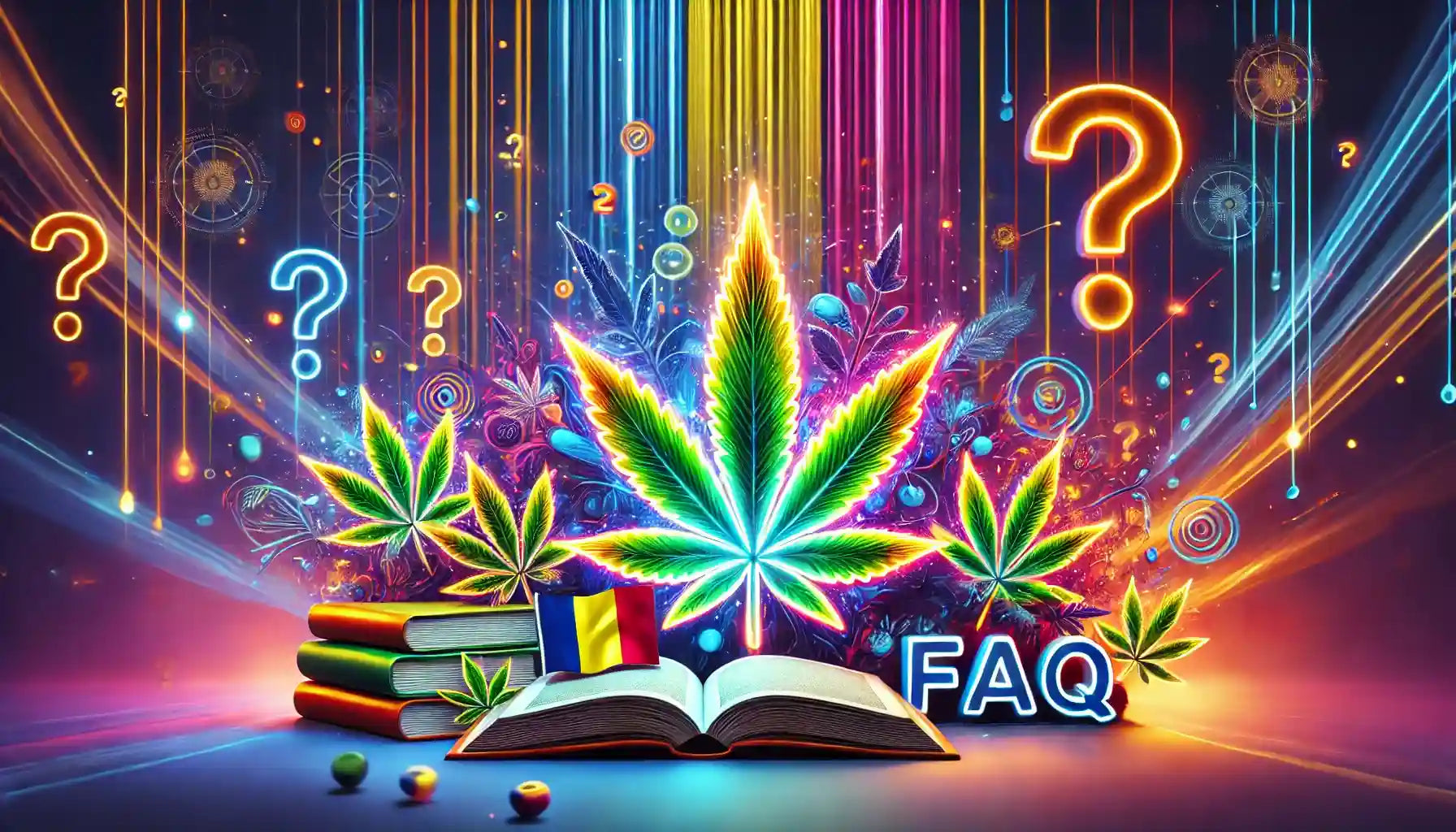 Imagine FAQ E-Euphoria Vape Romania cu tematică psihedelică, frunze de cannabis, carte deschisă cu steagul României și semne de întrebare luminoase, simbolizând informații despre produsele HHC, THC și CBD.