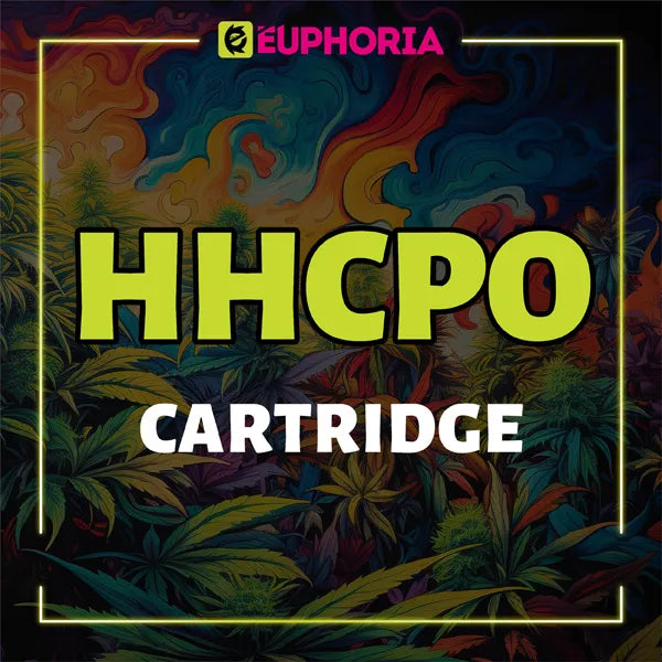 Banner colorat cu textul 'HHCP0 Cartridge' de la E-Euphoria, cu frunze de canabis și un fundal psihodelic