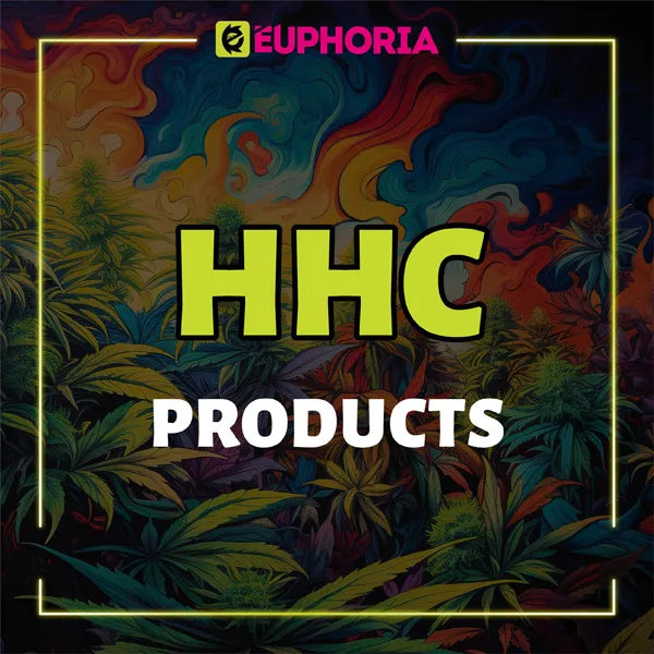 Banner colorat cu textul 'HHC Products' de la E-Euphoria, cu frunze de canabis și un fundal psihodelic