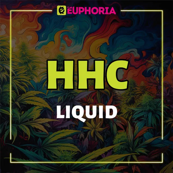 Banner colorat cu textul 'HHC Liquid' de la E-Euphoria, cu frunze de canabis și un fundal psihodelic