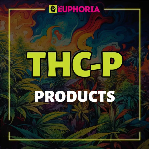 Imagine promoțională E-Euphoria Vape Romania cu text "THC-P Products" pe fundal colorat cu frunze de cannabis, simbolizând gama de produse THC-P disponibile.