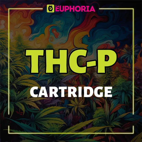 Banner colorat cu textul 'THC-P Cartridge' de la E-Euphoria, cu frunze de canabis și un fundal psihodelic