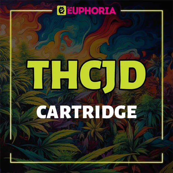 Banner colorat cu textul 'THCJD Cartridge' de la E-Euphoria, cu frunze de canabis și un fundal psihodelic