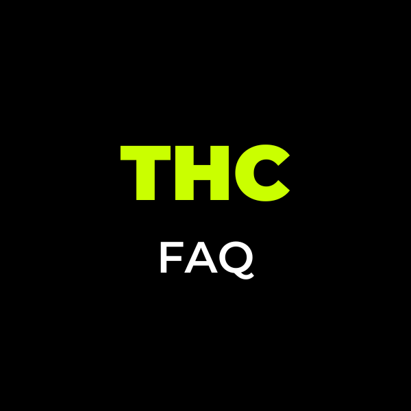 FAQ despre THC de la E-Euphoria Vape Romania, imagine minimalistă pe fundal negru cu text verde și alb, oferind informații esențiale despre produsele THC.