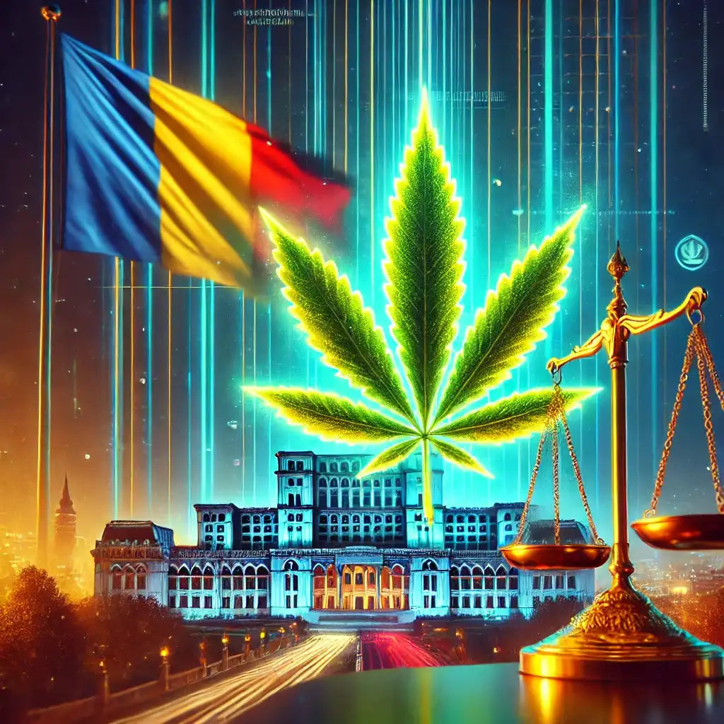 Frunză de cannabis iluminată deasupra Palatului Parlamentului din România, alături de steagul românesc și balanța justiției, simbolizând legalitatea și reglementările produselor E-Euphoria Vape Romania.