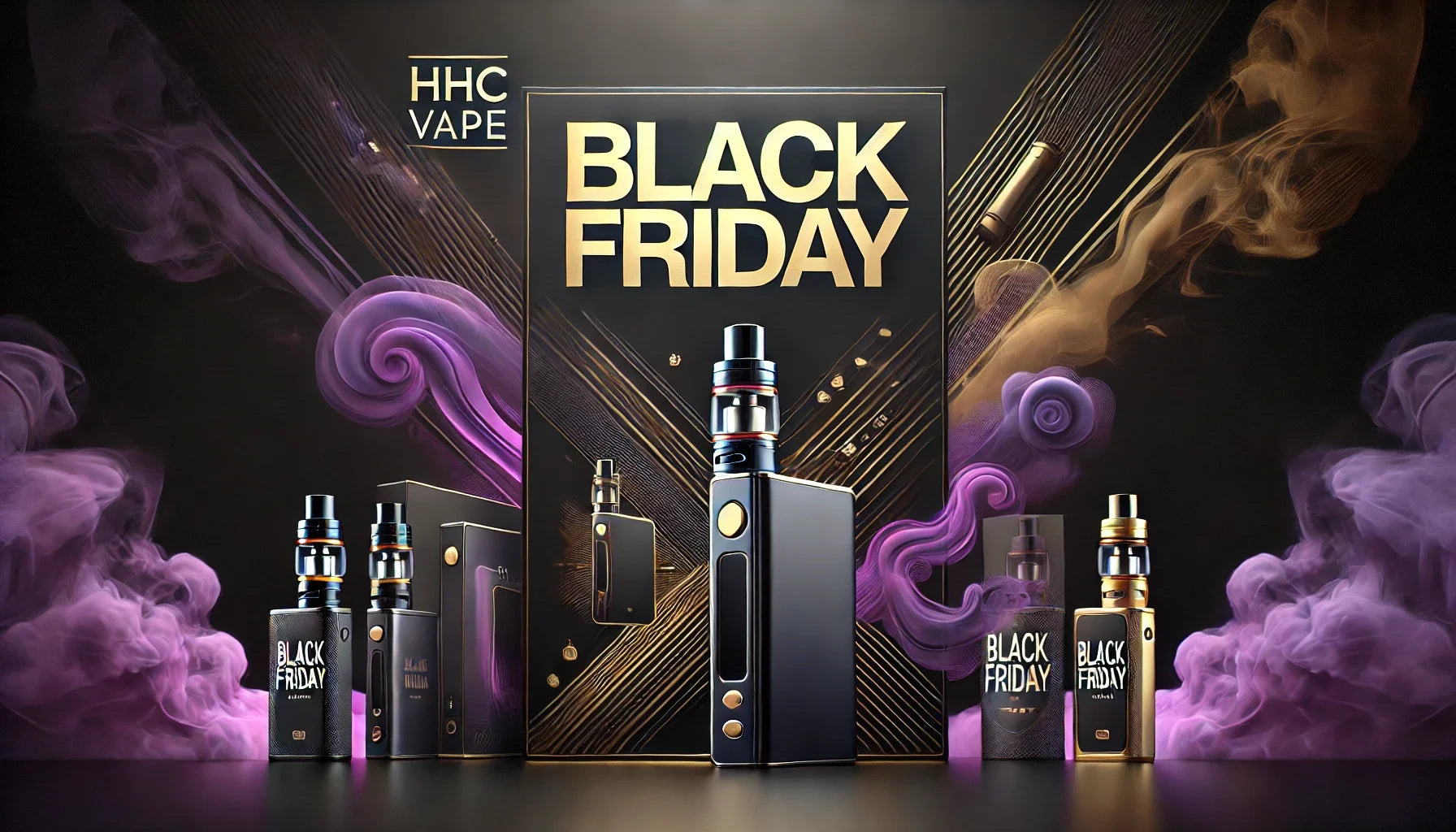 Promoție HHC Vape Black Friday la eeuphoria.ro - Vapes și cartușe premium pentru o experiență intensă, înconjurate de un design elegant cu fum și elemente aurii. Oferte exclusive de Black Friday, ideale pentru entuziaștii de vape în căutarea celor mai bune reduceri.