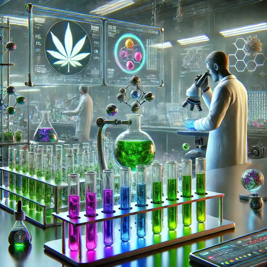 Laborator științific futurist cu cercetători analizând compuși canabinoizi, eprubete cu lichide colorate și ecrane holografice afișând frunza de cannabis, simbolizând inovația E-Euphoria Vape Romania.