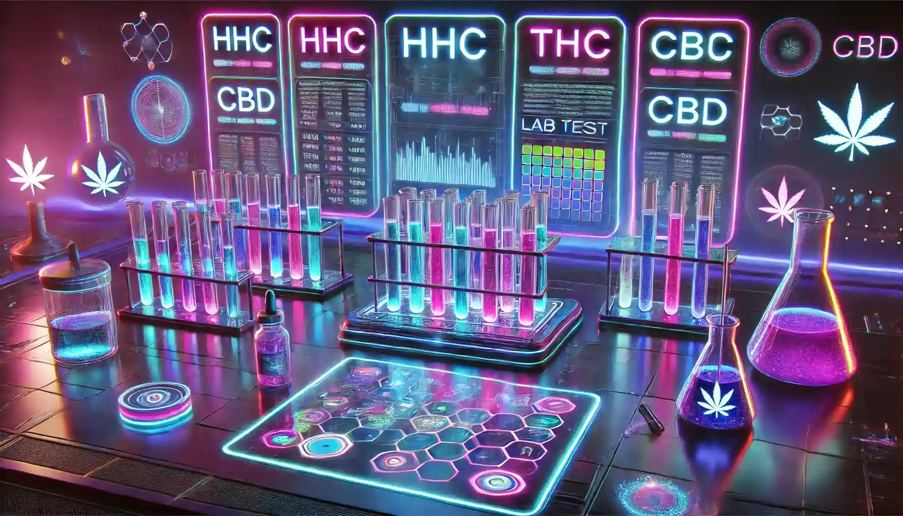 Laborator futurist cu eprubete pline de lichide fluorescente, panouri holografice afișând HHC, THC, CBD și CBC, simbolizând testarea avansată a canabinoizilor la E-Euphoria Vape Romania.