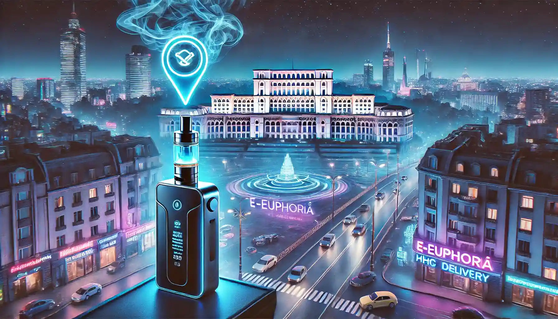 HHC Vape în orașul București – E-Euphoria Vape Romania. Imagine urbană cu vapori HHC și lumină de neon.