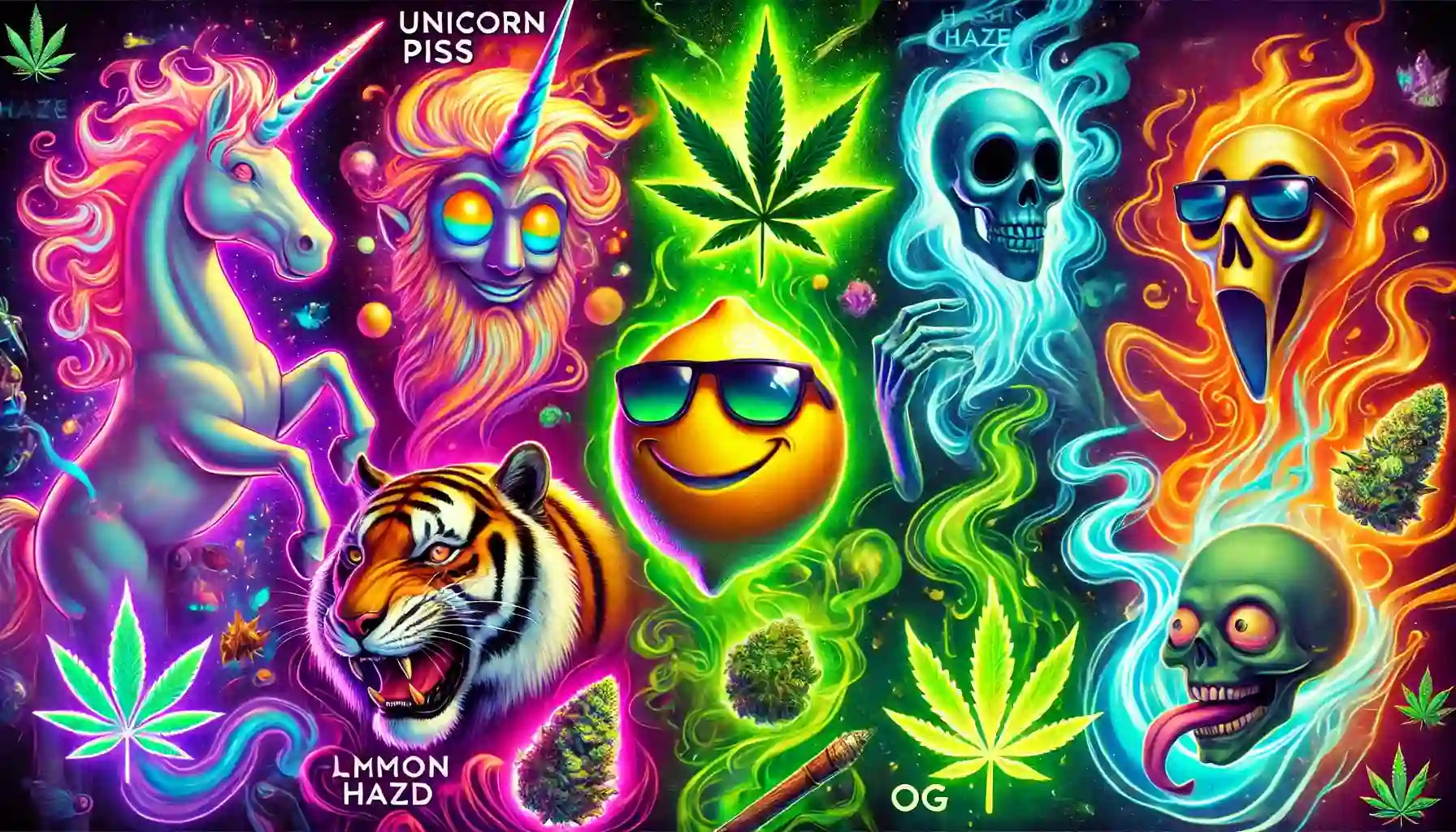 Ilustrație vibrantă cu tematică psihedelică, prezentând arome de vape E-Euphoria Vape Romania precum "Unicorn Piss", "Lemon Haze" și "OG", alături de personaje fantastice și frunze de cannabis.