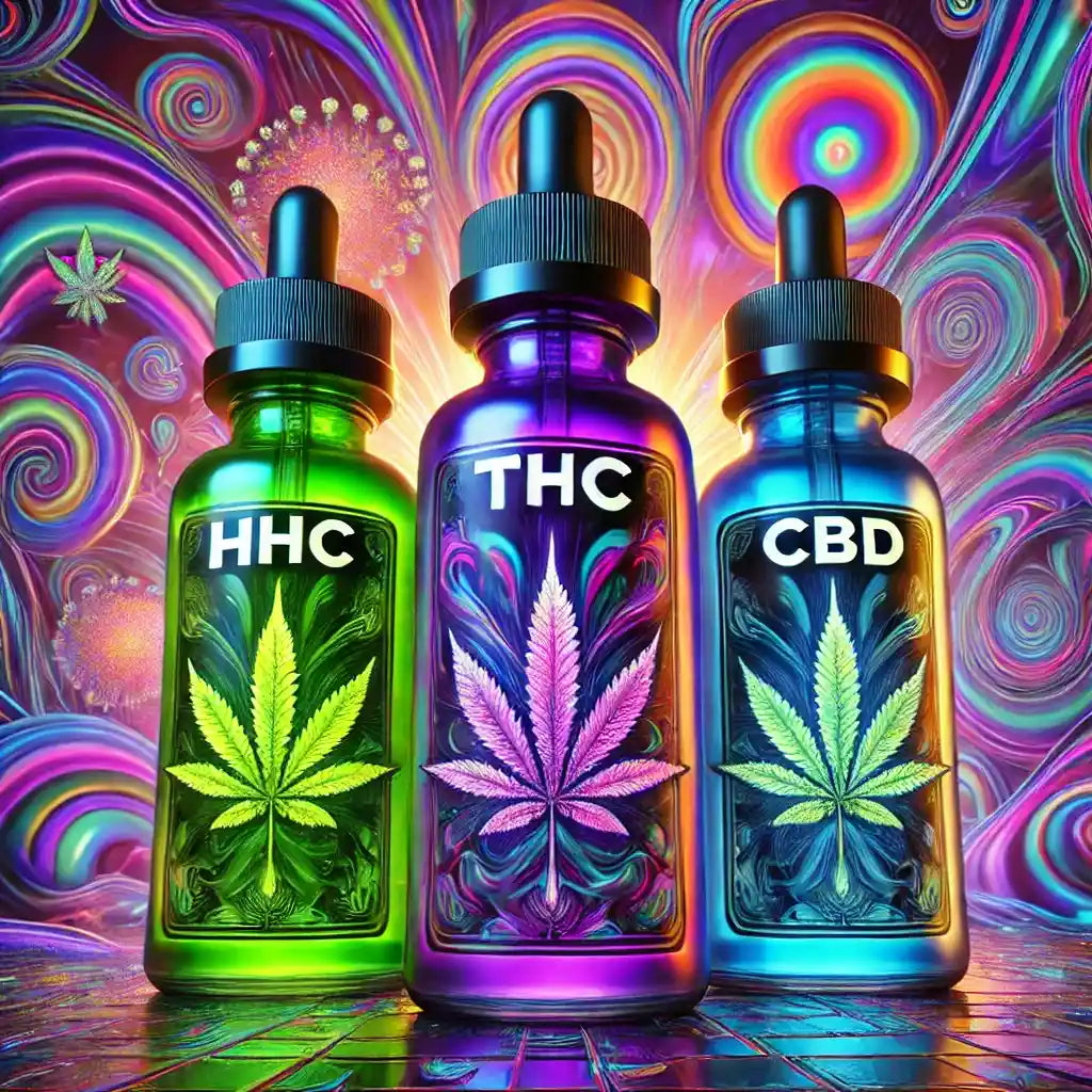 Sticluțe colorate cu HHC, THC și CBD pe fundal psihedelic, evidențiind varietatea de produse E-Euphoria Vape Romania pentru experiențe intense și unice.