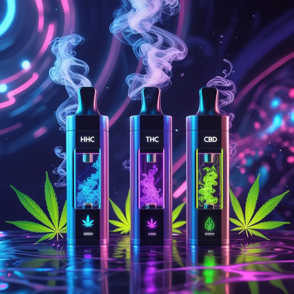 Vape-uri HHC, THC și CBD de la E-Euphoria Vape Romania, emanând fum colorat, pe un fundal futurist cu frunze de cannabis, simbolizând experiențe intense și premium.